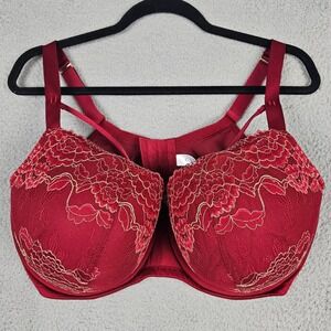 Cacique Boost Balconette Bra 42G Red Lace Underwire Padded Adjustable Sexy Linge